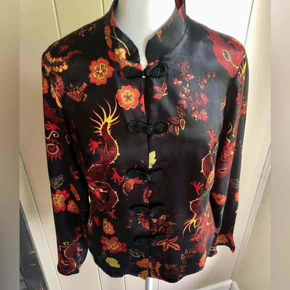 CLIO Vintage 80’s Black Orange Satin Dragon Print Top Blouse by Clio Size 8 - Picture 2 of 7